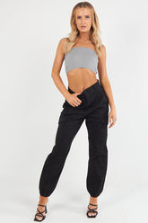 Women's Cuffed Hem Twill Combat Stretch French Seam Pocketed  Cotton Cargo Low Waist Trousers-0